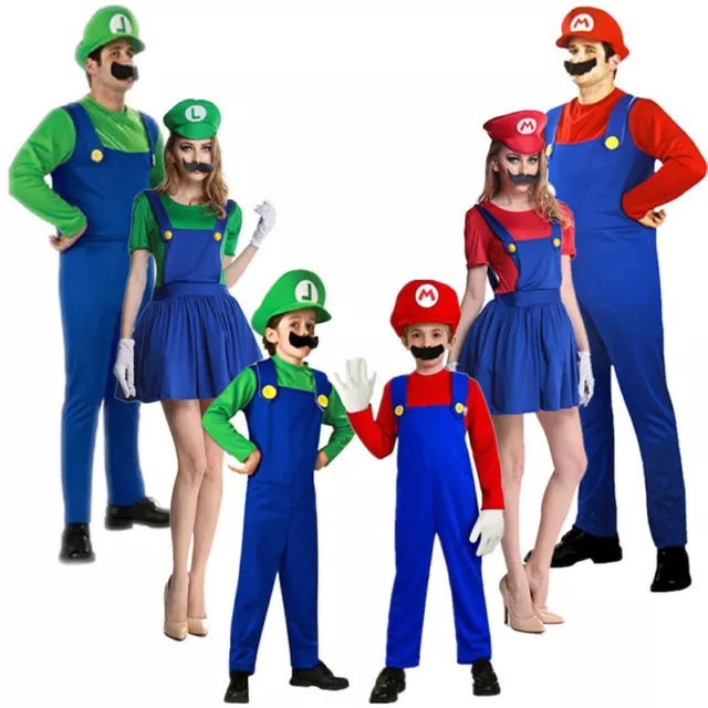Super Mario and Luigi Bros Adult Kids Cosplay Fancy Dress Outfit Costume Set