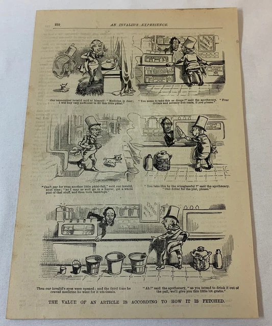 1880 Rivista Cartoon Pagina ~Un Invalidi E Farmacia