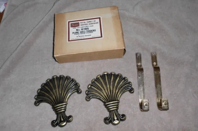 Pair Vintage Sears Plume Shell Tiebacks Scallop Curtain Brass w/ black antique