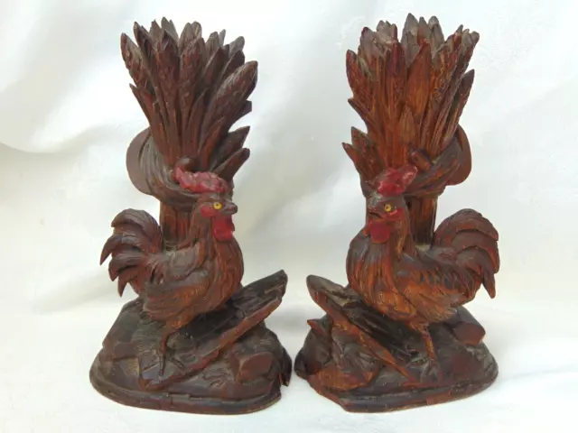 Pair antique carved wood BLACK FOREST bird chicken vase epergne candleholders