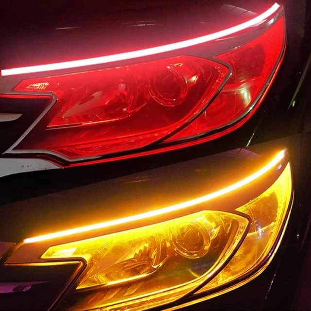 2pcs 60CM Red Amber Sequential Flexible LED DRL Turn Signal Strip for Headlight