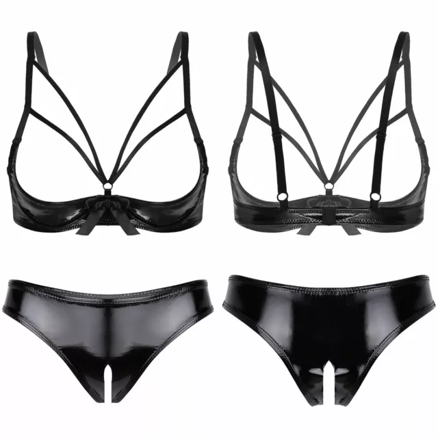 Femme Ensemble de Lingerie Soutien-gorge Cuir verni Ouvert Slip Vêtement de Nuit