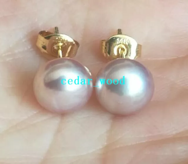 Top AAAA akoya 8-9mm natural purple pearl earrings 14k Gold nice stud earrings