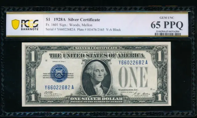 AC 1928A $1 Silver Certificate PCGS 65 PPQ Y-A block  Fr 1601