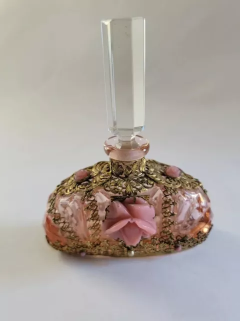 Art Deco Morlee Pink Czech Glass Perfume Bottle Pink Flower Gold Gilt Filigree