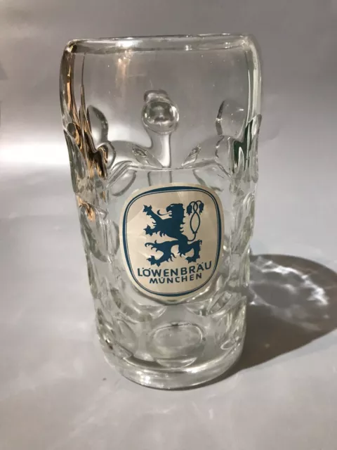 LOWENBRAU: 2 PINT / 1 LITRE German Beer Stein Glass Tankard Mug Metal Seal/Stamp