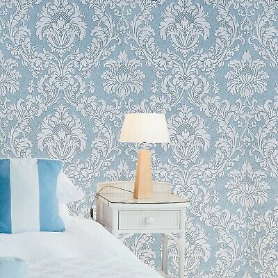 Blue white textured Victorian damask Wallpaper faux fabric texture wallcoverings