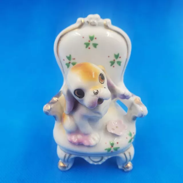 Ucago Porcelain Figurine Terrier Bulldog Puppy Sitting on Chair Japan 3.75"
