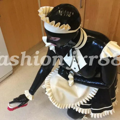 Latex Dress Rubber Maid Weiß&Schwarz Skirt Women Ruffle 100% Gummi Kleid Cosplay