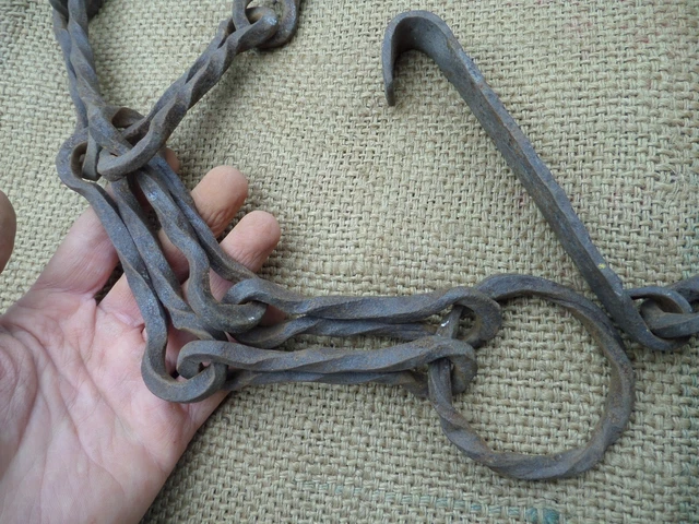 Antique Chimney Trammel Chain Hearth Fireplace Cooking Trammel Hook Twisted Iron