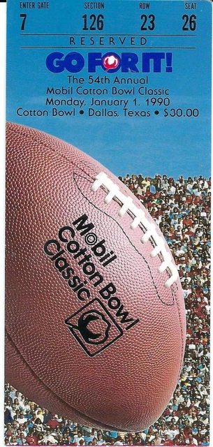 1990 COTTON BOWL CLASSIC Football Ticket ARKANSAS RAZORBACKS vs TENNESSEE VOLS