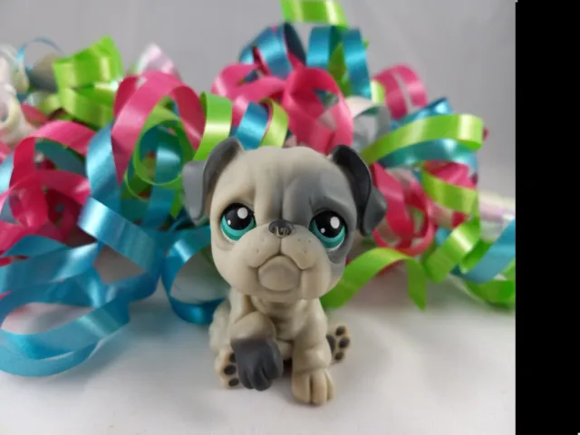 Littlest Pet Shop Two Tone Grey Bulldog Dog #446 Two Tone Turquoise Eyes