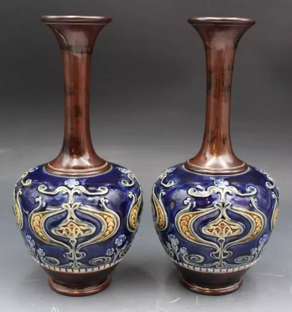 C1910 Doulton Lambeth Ceramic Art Pottery Table Vases 10" Signed Ethel Beard