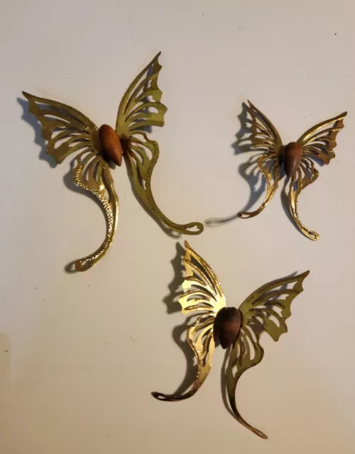 Vintage Homco Home Interiors 3 Pc Brass Gold Butterflies Wood Bodies Wall Decor