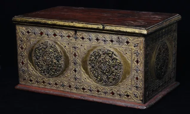 19th Century, Mandalay, Antique Burmese Wooden Chest with Gilded Gold and Glass