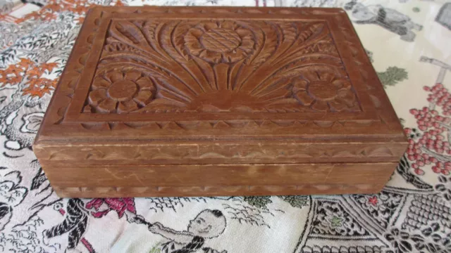 Vintage Hand Carved  timber Trinket Jewellery Box, lined