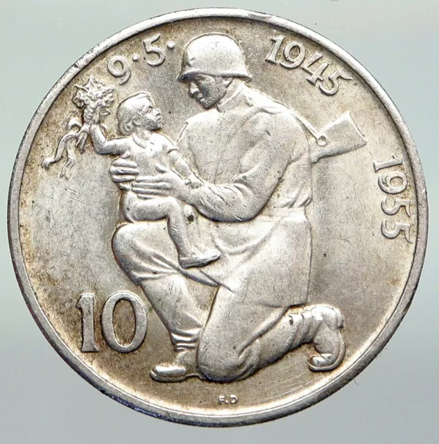 1955 CZECHOSLOVAKIA  Soldier & Family LIBERATION Old Silver 10 Korun Coin i92221