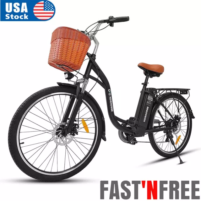 26'' Electric Bikes E Bike Unisex BLACK with Basket & Light, 25KPH 350W Motor
