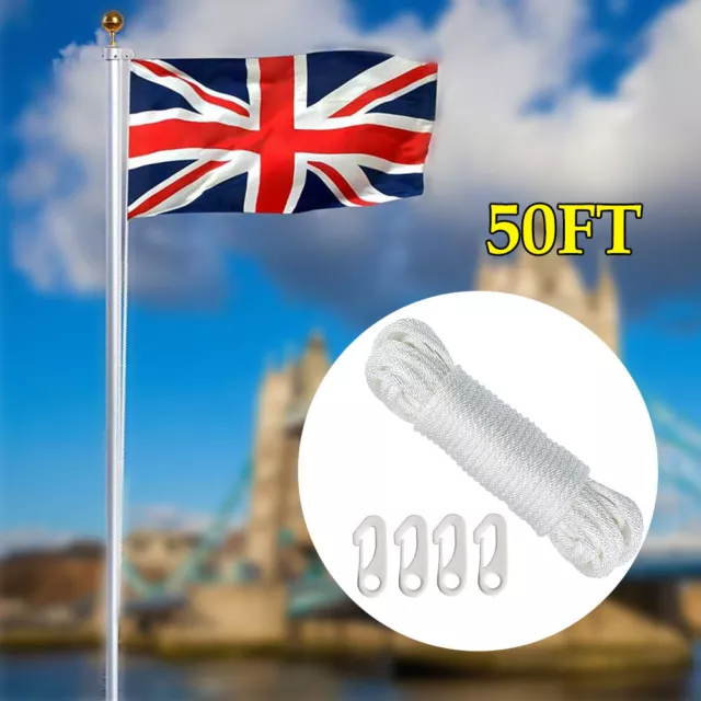 Nylon Flag Rope Flagpole Rope 6mm Thick White  W/4X Flag Pole Clips Hot 49ft/15M