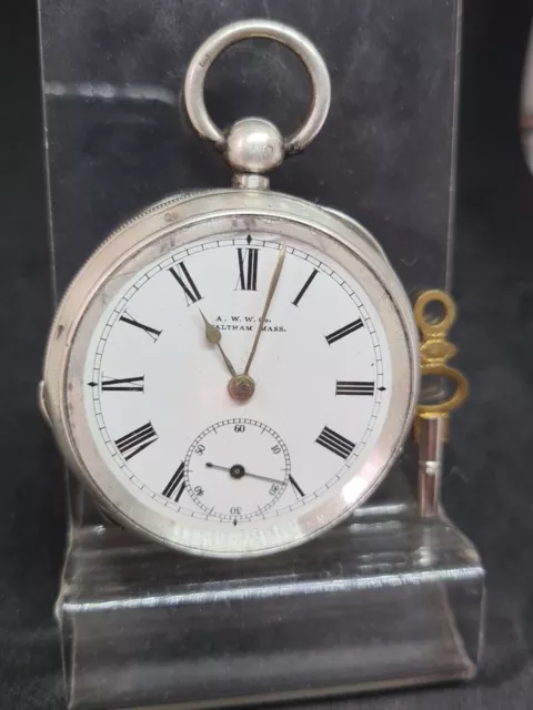 Antique solid silver gents Waltham Mass pocket watch 1876 W/O ref2989