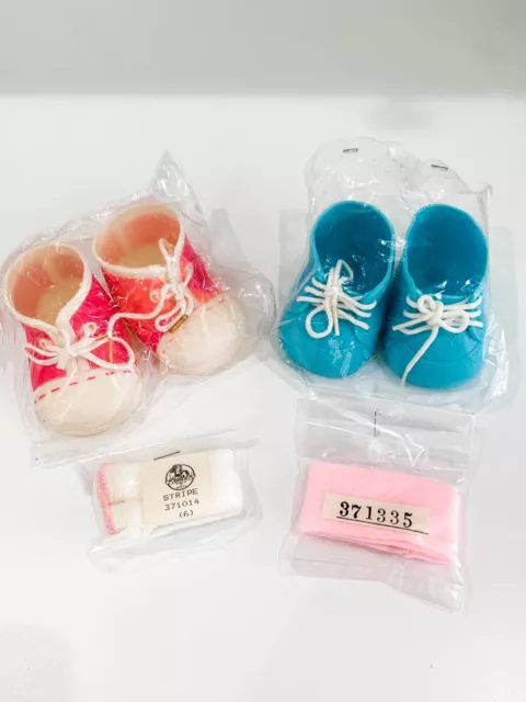 2 Pair Tallina’s Baby Doll Shoes White Blue & Pink Lace Up Vintage W/Socks NEW