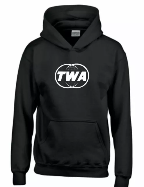 TWA Trans World Airline White Logo  Hoodie US Travel Black Hooded Sweatshirt