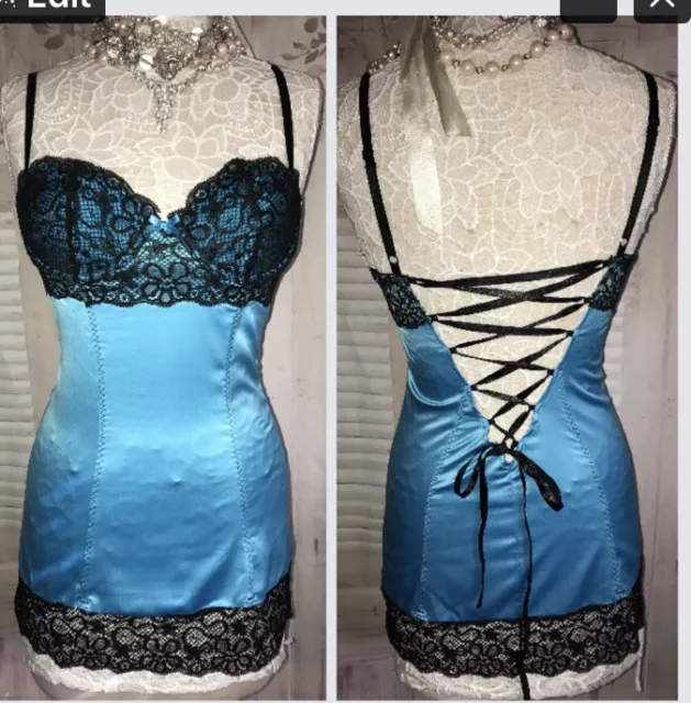 FREDERICKS of HOLLYWOOD~AQUA STRETCH CORSET CHEMISE GARTER PUSH UP BRA Bustier~M