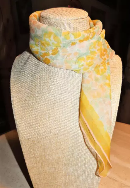 Vera Neumann square floral scarf; yellow white pink aqua tan; ladybug semisheer