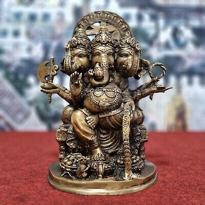 12.8" Ganesha Elephant God Buddha Statue Brass 3 Heads With Weapons On Table