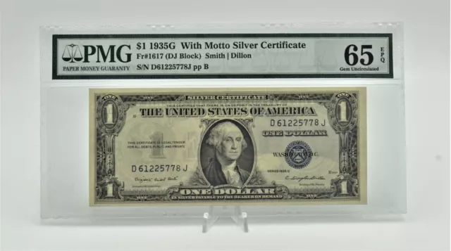 $1 1935G Motto Silver Certificate One Dollar Blue Seal Uncirculated PMG 65 EPQ
