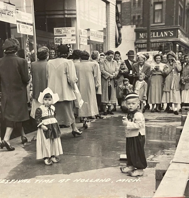 RPPC Photo Festival Time Holland MI Michigan Street Scene Store Fronts People