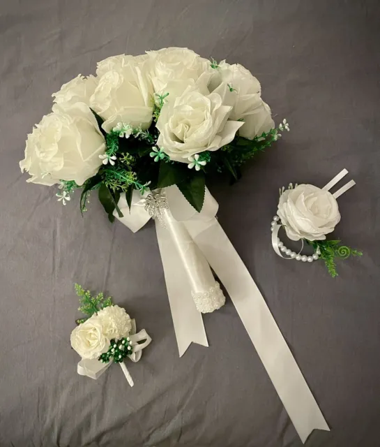 Artificial Bridal Wedding Bouquet, Wrist Flower and Boutonniere For Groom