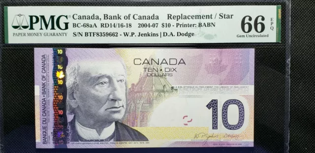 Bank of Canada 2005 $10 BC-68aA Single Note Replcmnt (SN:BTF8359662) PMG GEM66