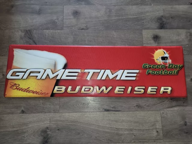 Vintage Budweiser Beer Sign Green Bay Football Game Time Tin Bud Beer