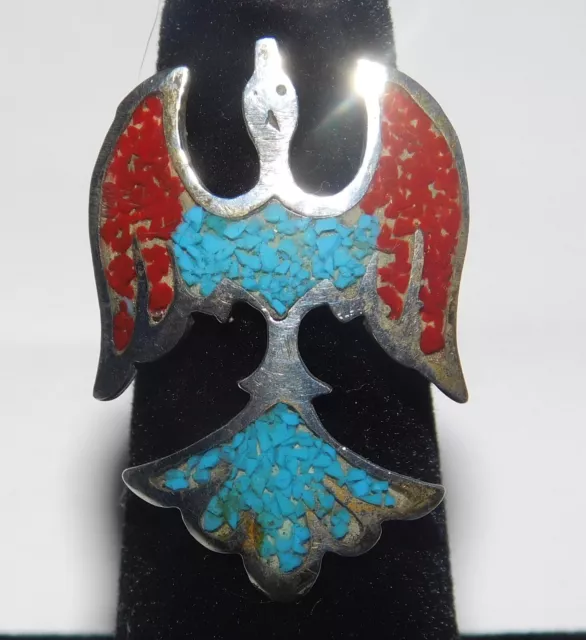 Native American Sterling Silver Crushed Turquoise Coral Thunderbird Ring Size 4