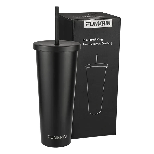 Funkrin Insulated Coffee Mug Tumbler with Lid and Straw 24oz Ceramic Lined Co...