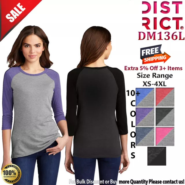 District DM136L Womens 3/4 Sleeve Raglan Perfect Tri Stylish Crew Neck T-Shirt