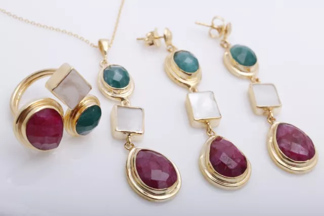 Turkish Handmade Jewelry Drop Cut Ruby Emerald 925 Sterling Silver Set