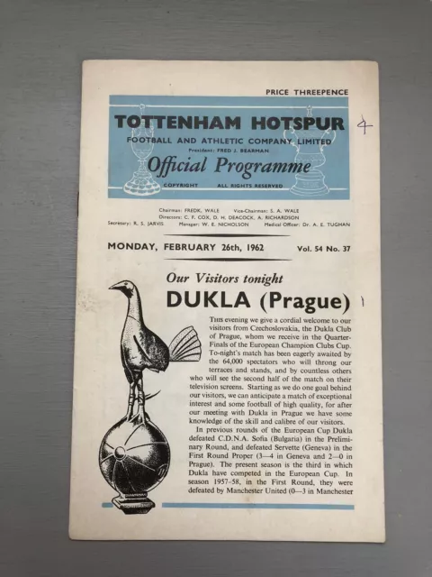 26/02/1962 Tottenham Hotspur v Dukla Prague - European Cup QF - 2nd Leg - 61/62