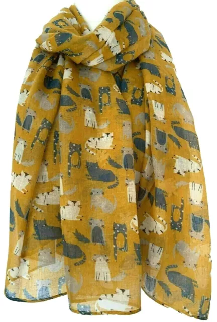 Cat Scarf Ladies Mustard Yellow Grey Cats Print Wrap Large Cute Kitty Shawl