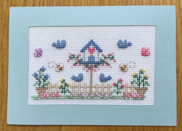 Homemade Completed cross stitch card -  Birds & Bees - 15.5cms x 11cms
