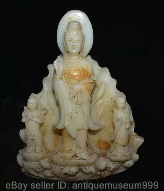 10.8" Old Chinese White Jade Carving Tong Zi Boy Guan Yin Goddess Statue