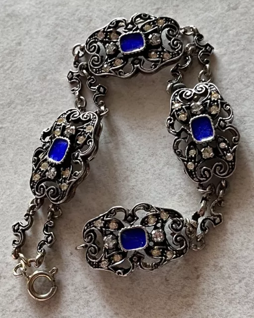 Antique Silver Blue Enamel Crystal Bracelet Argento Antico Bracciale Smalto