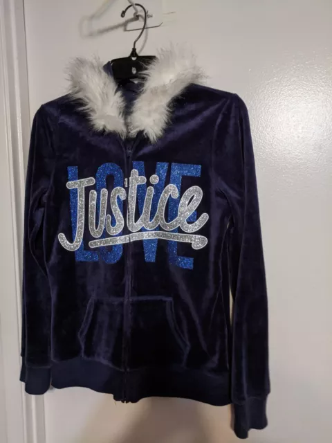 Justice Girls Full Zip Jacket W/Hoodie Faux Fur Trim Blue Size 16