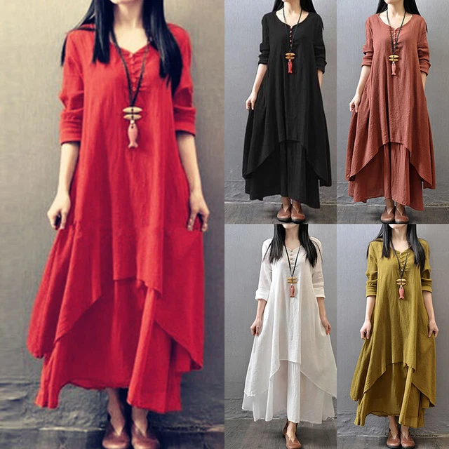 Boho Coton Lin Robe Maxi Robe Manches Longues Décontracté Solide *