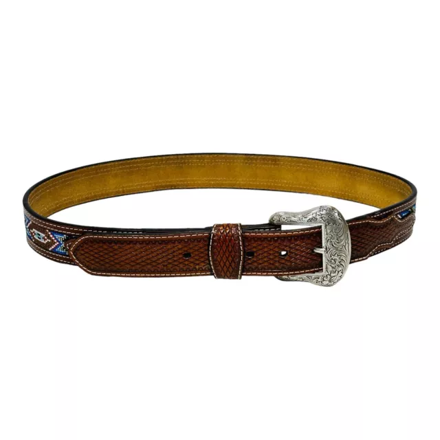 Nocona Western Mens Belt Leather Beaded Inlay Weave Tooled Brown Size 36