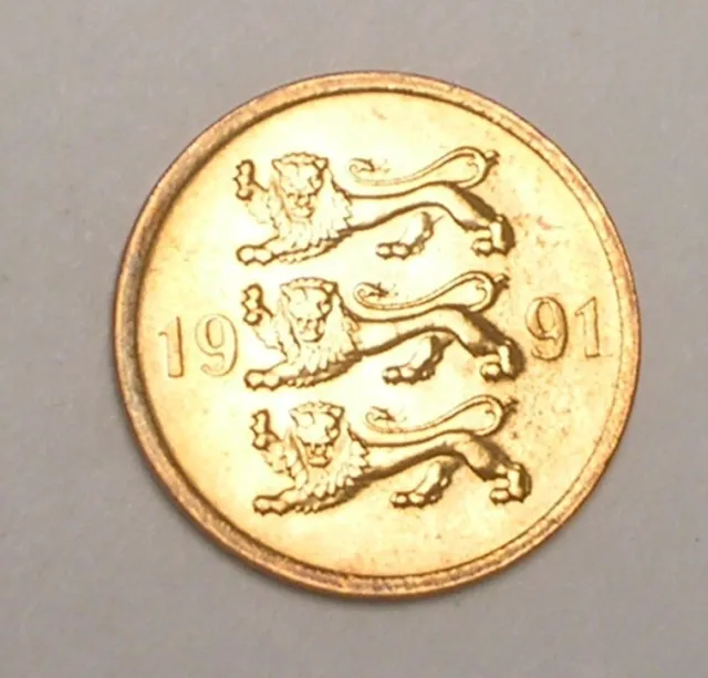 1991 Estonia Estonian 5 Senti Three Lions Coin XF+