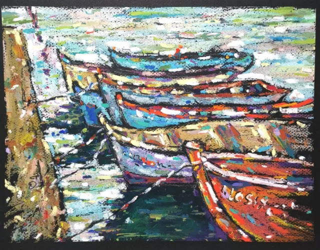 Original oil pastel painting Italy seascape artwork Boats painting 9.5"x12"