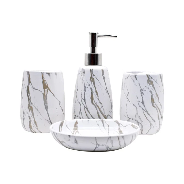 Céramique Salle de Bain Accessoires Set 4, Ensembles pour Maison Blanc & Gris