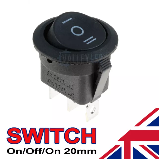 On/Off/On Black Round Rocker Switch Car Automotive 20mm SPDT 2 Way Dash